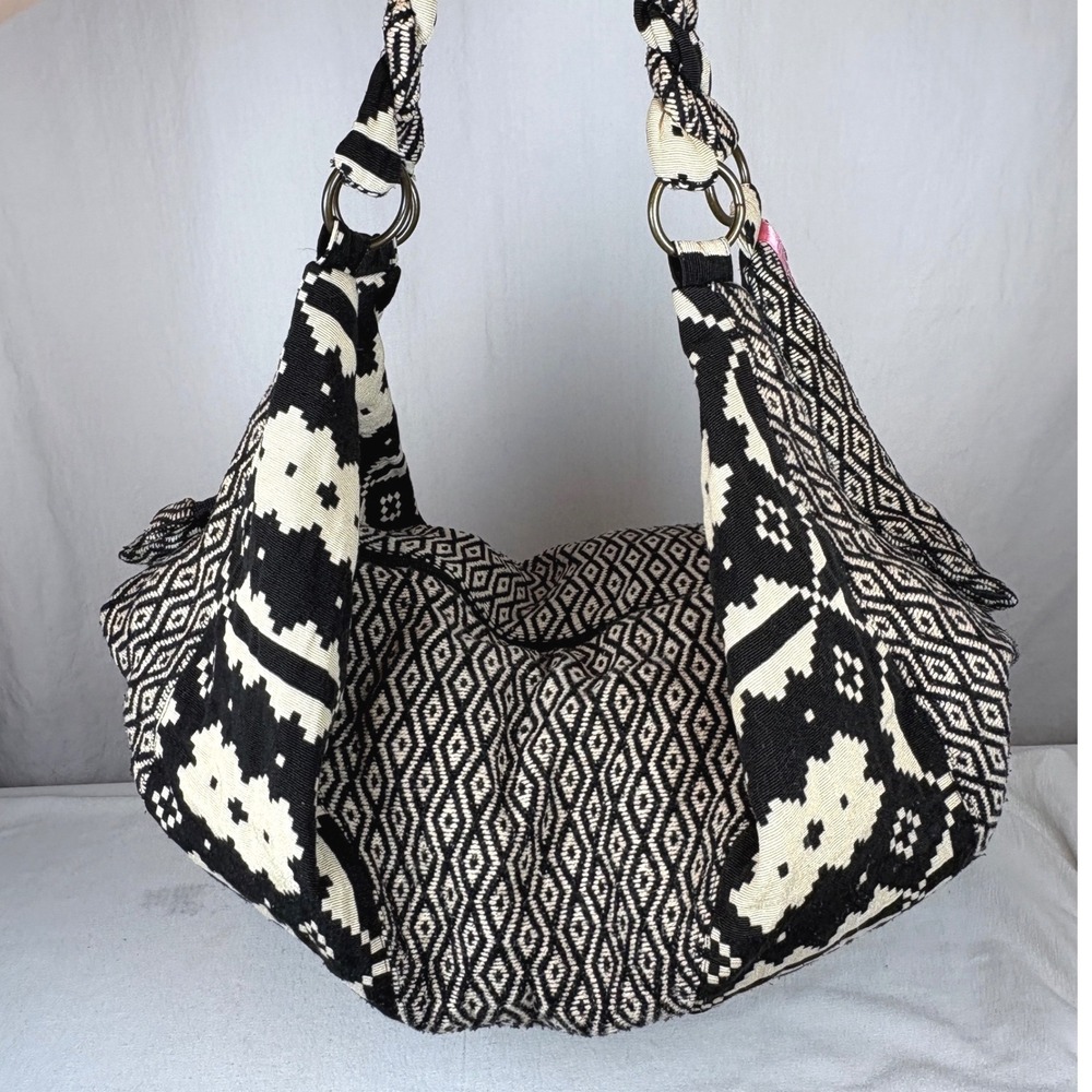 Stela 9 Shiva Boho Hobo Bag Geometric Black Ivory Braided Handle Shoulder Bag - Picture 9 of 16
